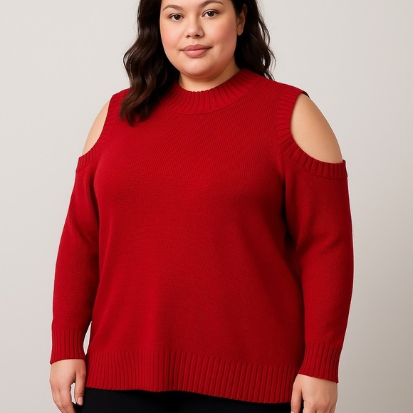 Susan Graver Sweaters - Susan Graver Red Cold Shoulder Knit Sweater Women’s 3X Cotton Blend Pullover